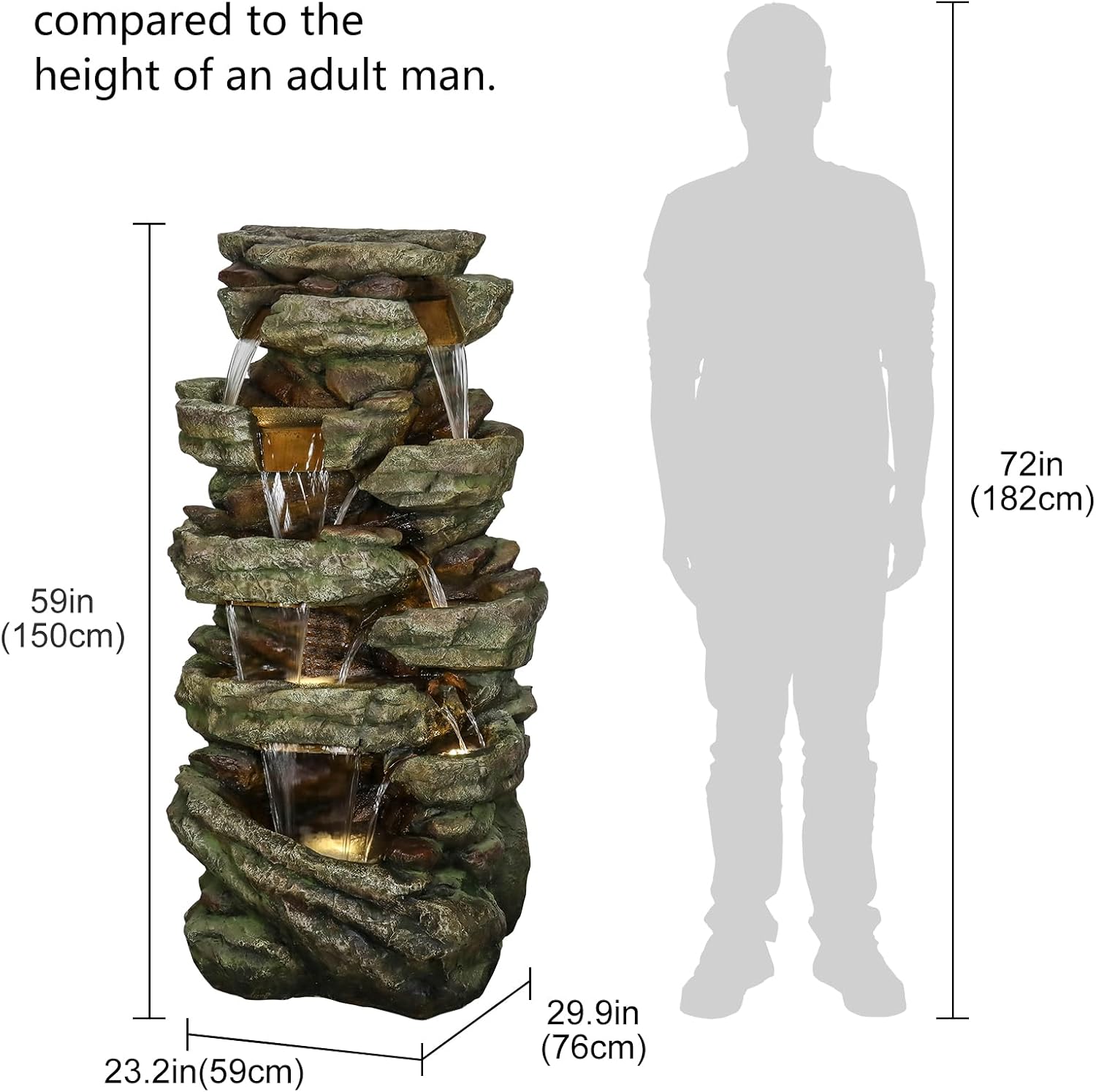 Naturefalls 59inches Outdoor Rock Water Fountain with LED Lights - Multi-Tiers Poly-Resin Cascading Waterfall Fountain for Garden, Patio, Yard, Home Decor