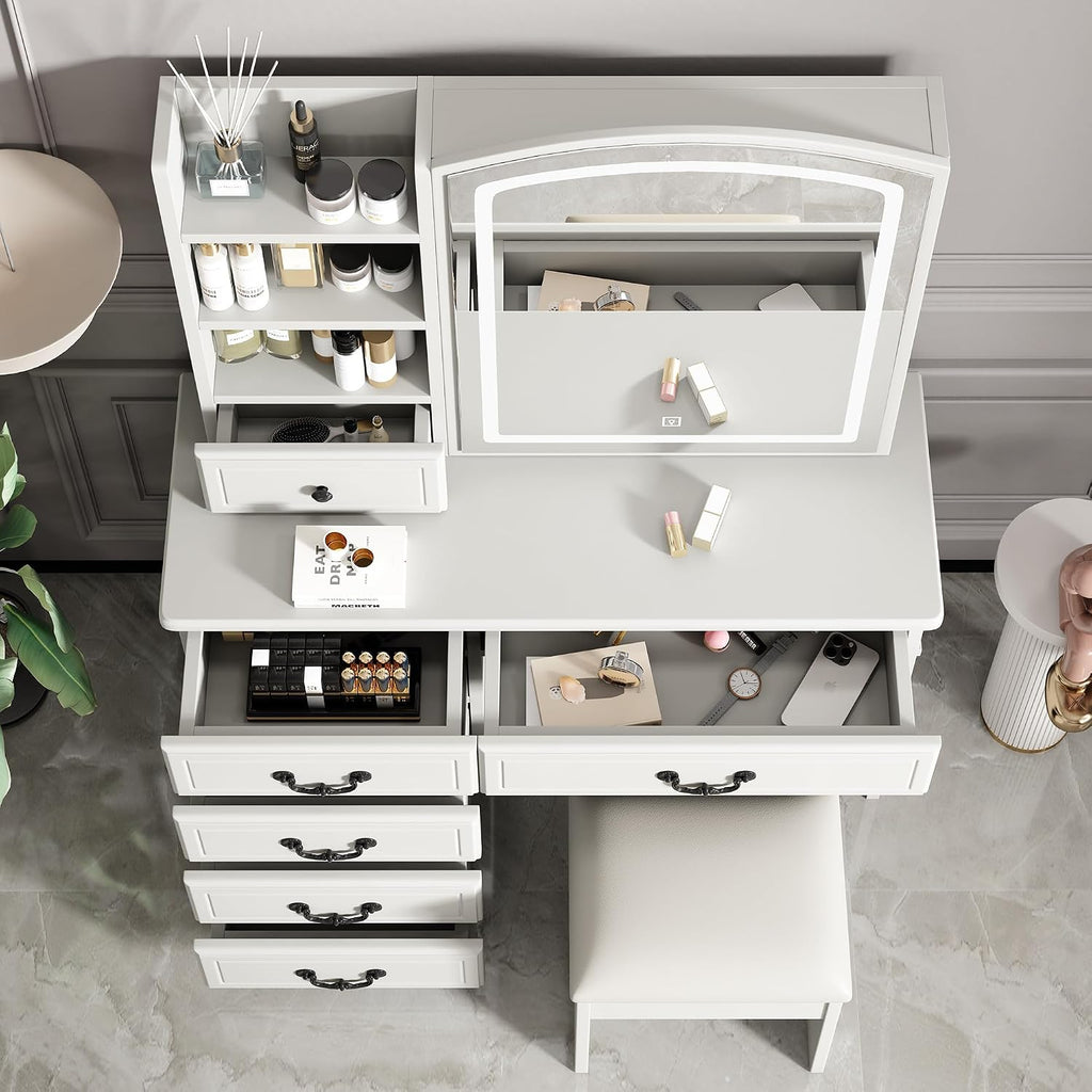 Makeup Vanity Desk with Mirror and Lights, Vanity Table Set with Storage Drawer & Chair & 3 Shelves, 3 Lighting Colors, Adjustable Brightness White Makeup Vanity with Lights (Large)