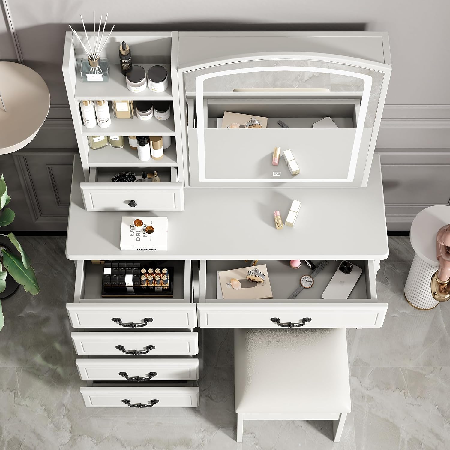 Makeup Vanity Desk with Mirror and Lights, Vanity Table Set with Storage Drawer & Chair & 3 Shelves, 3 Lighting Colors, Adjustable Brightness White Makeup Vanity with Lights (Large)