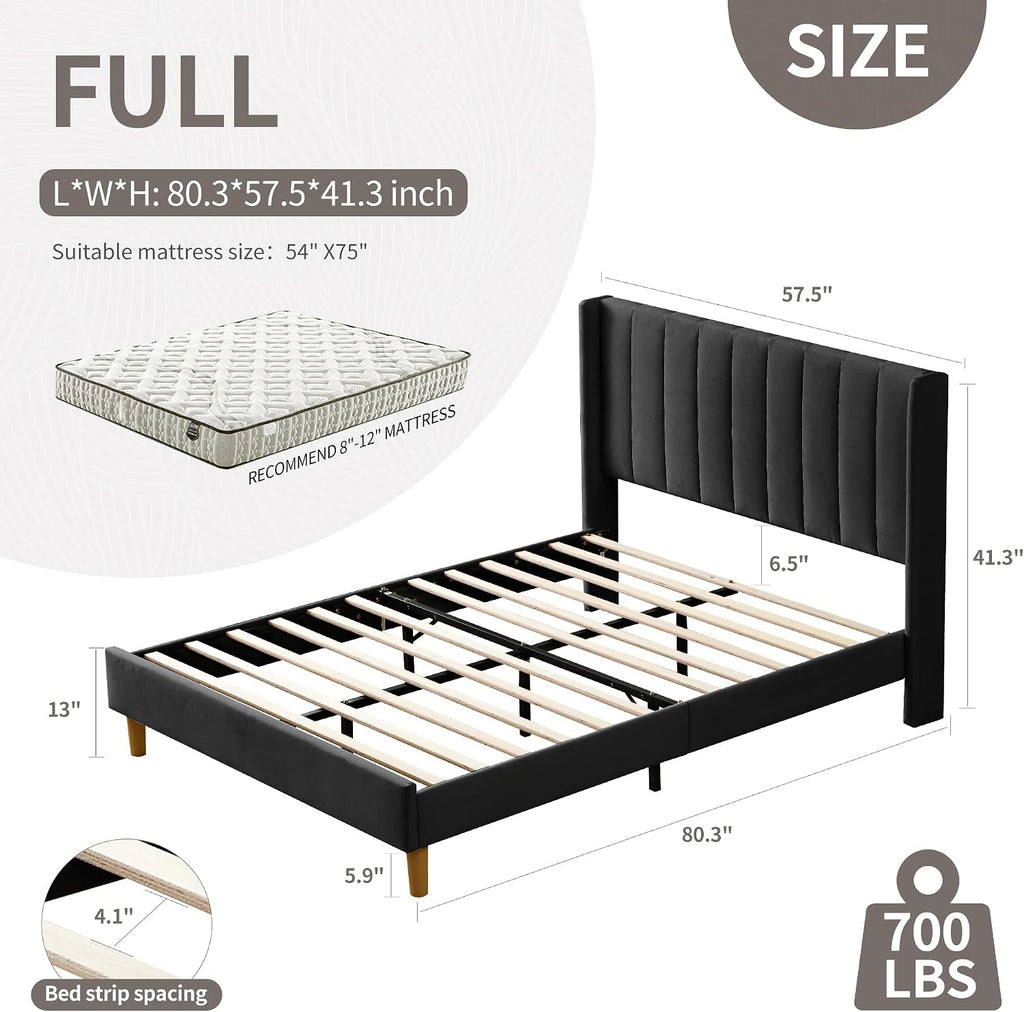 YUHUASHI upholstered Platform Bed Frame/Full Bed Frame/Modern Geometric Double-Wing Design headboard/Linen Fabric/Easy to Assemble no Noise (Black, Full)