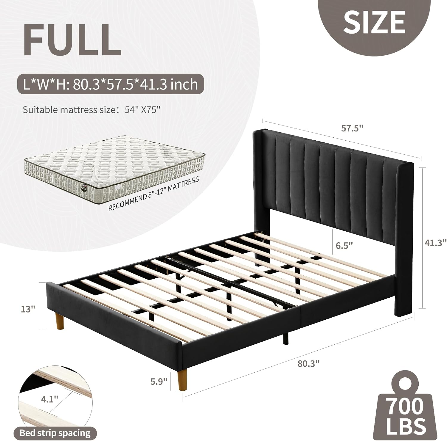 YUHUASHI upholstered Platform Bed Frame/Full Bed Frame/Modern Geometric Double-Wing Design headboard/Linen Fabric/Easy to Assemble no Noise (Black, Full)