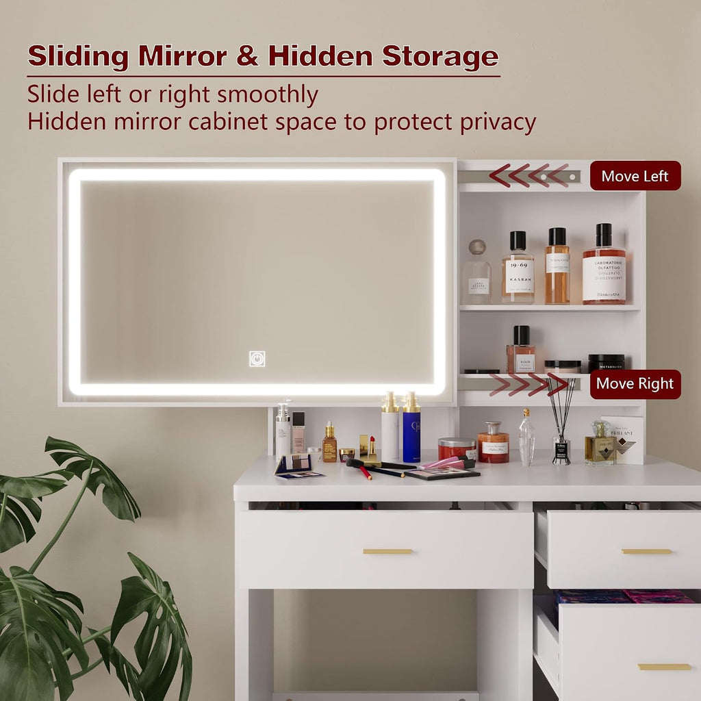Vanity Desk with Mirror and Lights, 31.5' Makeup Vanity with Sliding Mirror and 3 Light Modes, Modern Vanity Table with 5 Drawers, Hidden and Open Storage Shelves, Makeup Desk for Bedroom, White