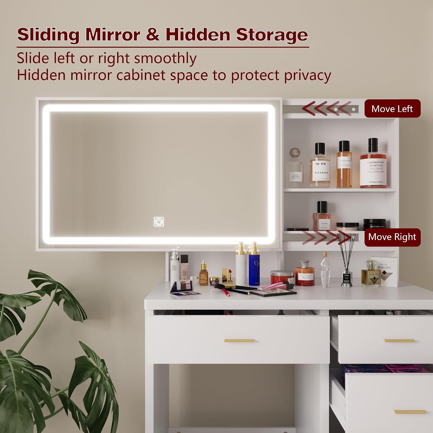 Vanity Desk with Mirror and Lights, 31.5' Makeup Vanity with Sliding Mirror and 3 Light Modes, Modern Vanity Table with 5 Drawers, Hidden and Open Storage Shelves, Makeup Desk for Bedroom, White