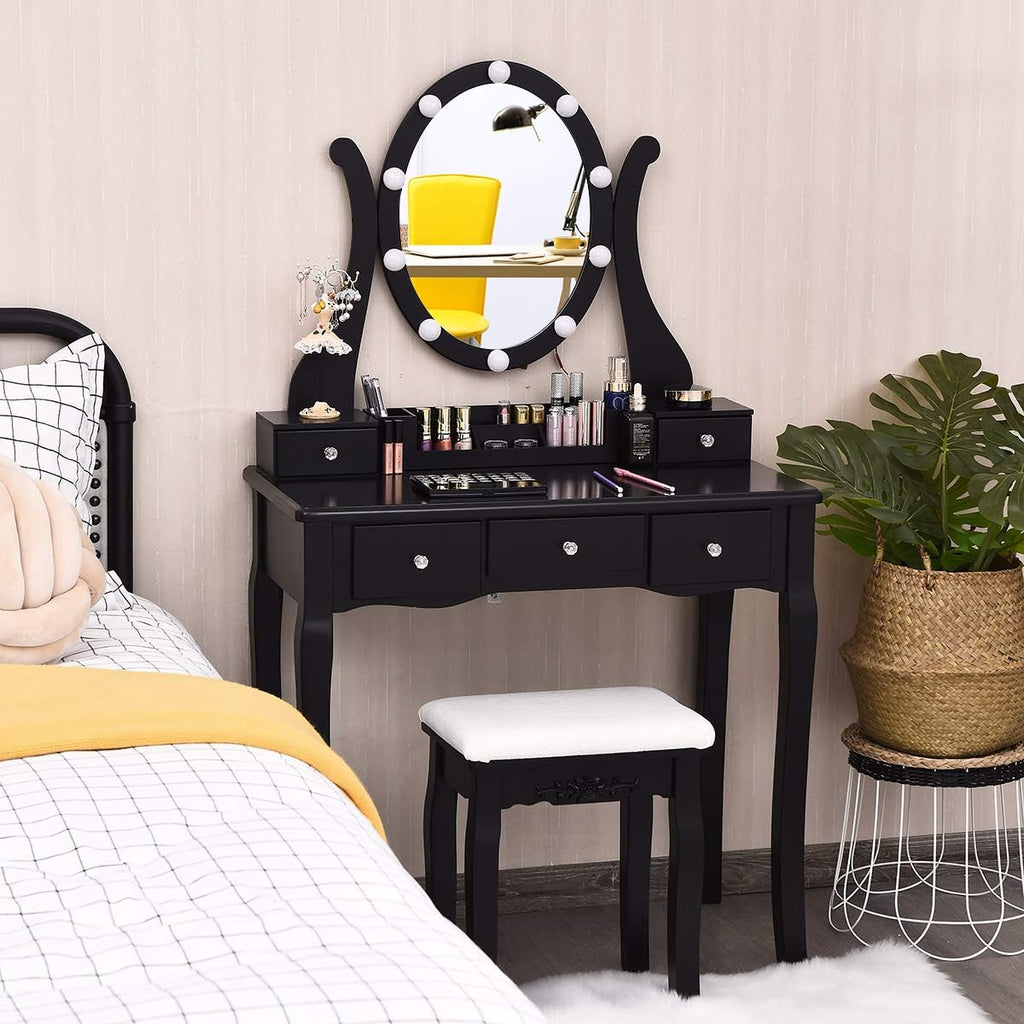 CHARMAID Makeup Vanity Table with Lighted Mirror, Vanity Desk with 10 LED Lights, Adjustable Brightness, 5 Drawers and Removable Storage Organizer, Bedroom Dressing Table with Stool (Black)