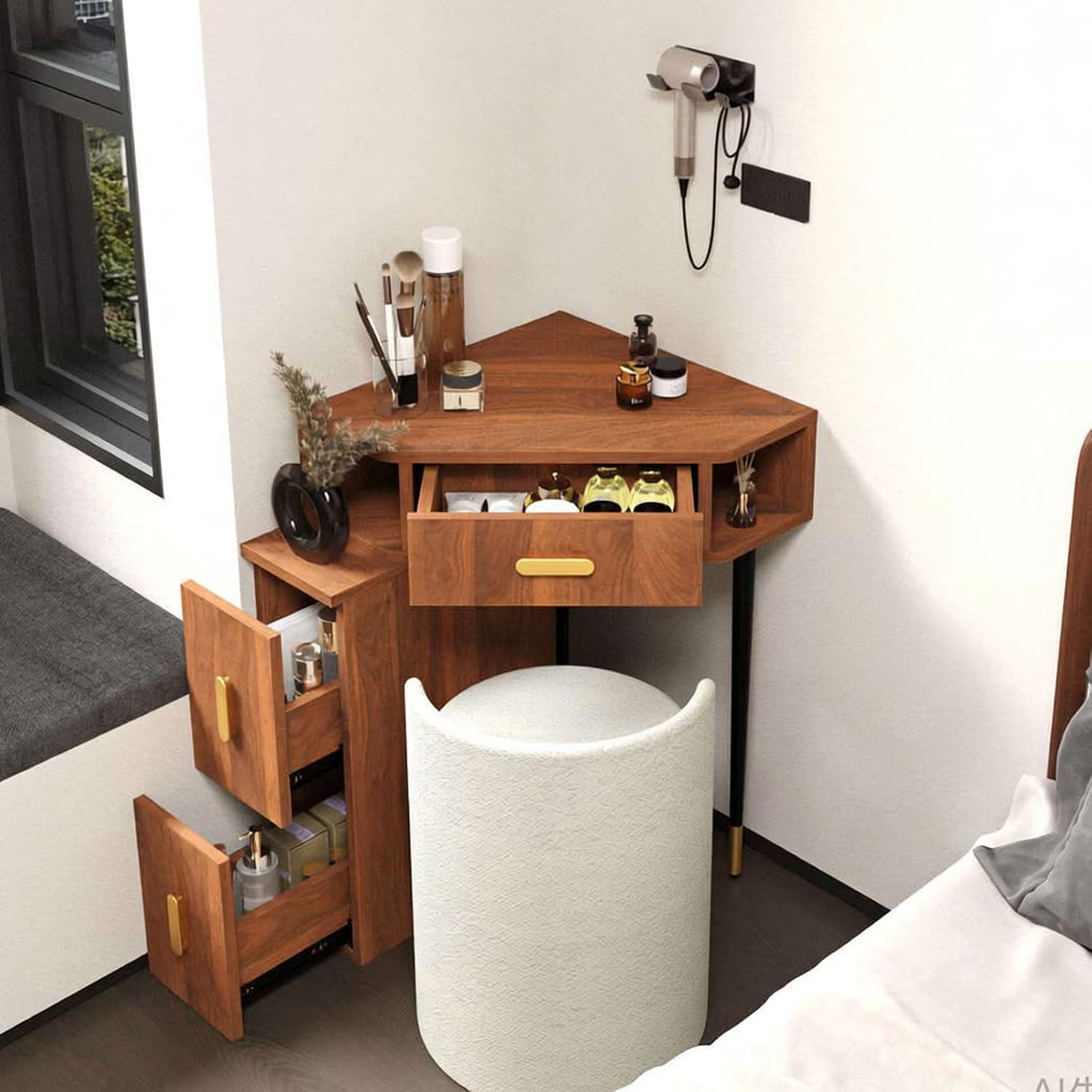 Corner Makeup Vanity Wood with Open Shelf and Drawers Multifunctional Large Storage Cabinet for Cosmetics Organization-B