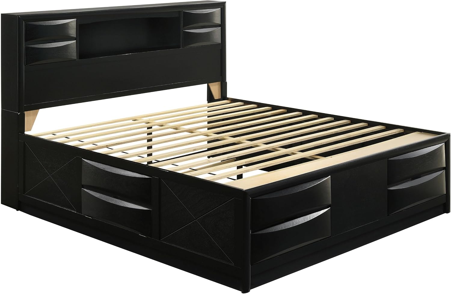 King Storage Bed, Platform Bed, Bookcase Headboard, Black Wood, 4 Footboard Drawers, Right Side Drop Down Door, No Foundation Required, Eastern King Bed Frame