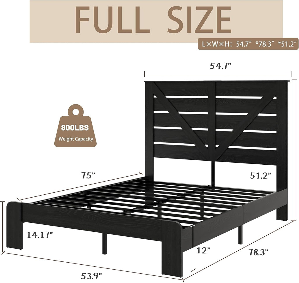 Full Size Wooden Bed Frame with Headboard, Rustic Farmhouse Platform Bedframe with Metal Slat Support, Under Bed Storage Space, Easy Assembly, Noisy Free (Black, Full)