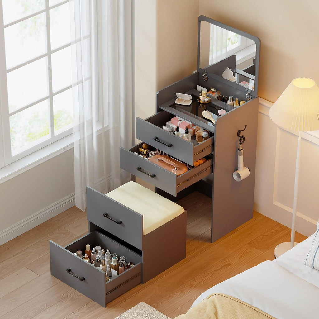 Lvifur Small 3-in-1 Vanity Desk with Mirror, Compact Makeup Table w/Cushioned Stool, Modern Grils' Dressing Table Vanity Set for Apartment, Loft, Dormitory (Grey)