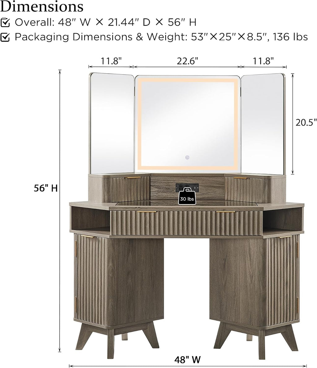 T4TREAM Fluted Makeup Vanity Desk with 3 Way Mirror and Lights, 48' Large Corner Vanity Table with Glass Top, Charging Station, 3 Drawers, Storage Cabinets & Shelves, for Bedroom, Grey Alder