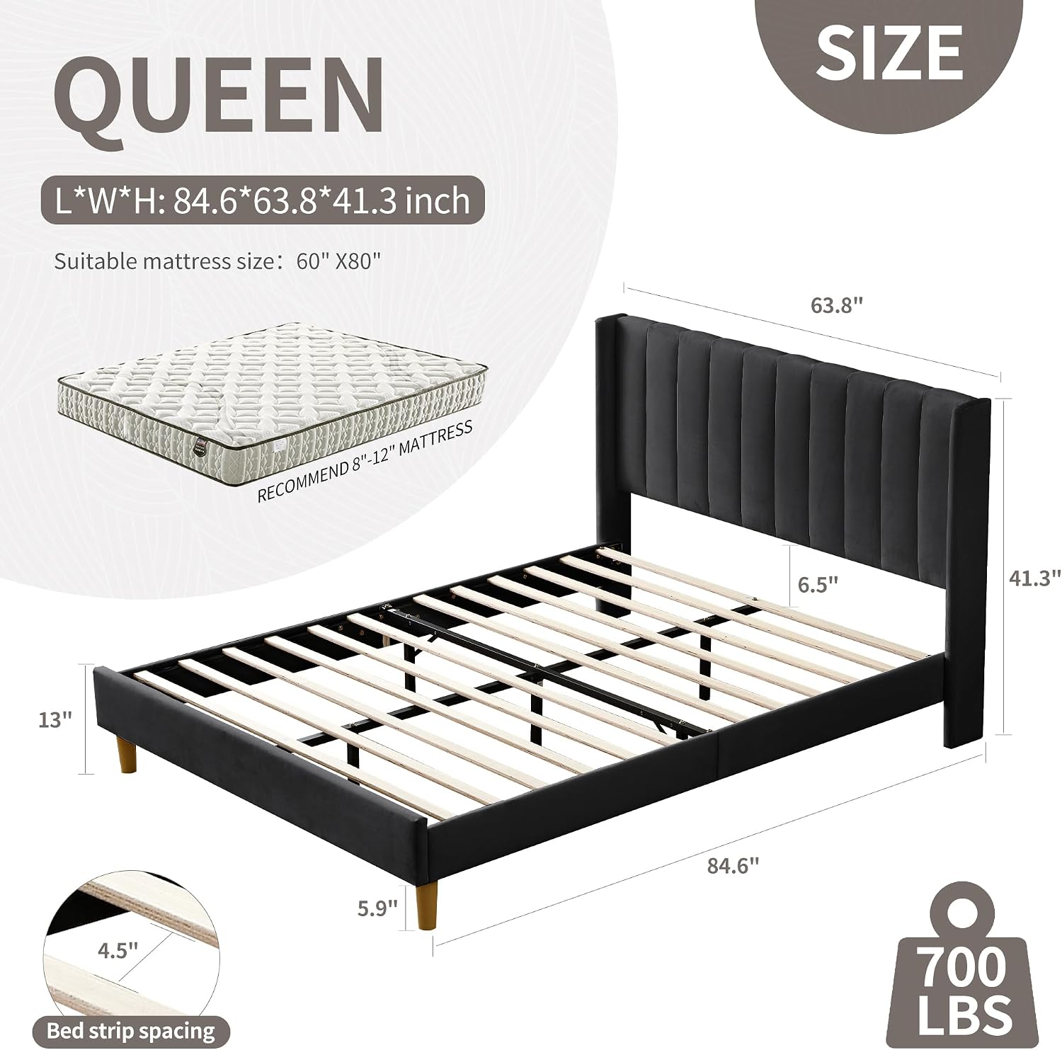 YUHUASHI upholstered Platform Bed Frame/Queen Bed Frame/Modern Geometric Double-Wing Design headboard/Linen Fabric/Easy to Assemble no Noise (Black, Queen (U.S. Standard))