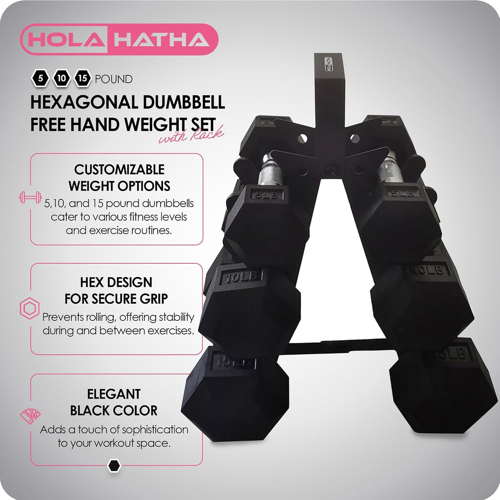 HolaHatha Hexagonal Dumbbell Free Hand Weight Set w/Rack