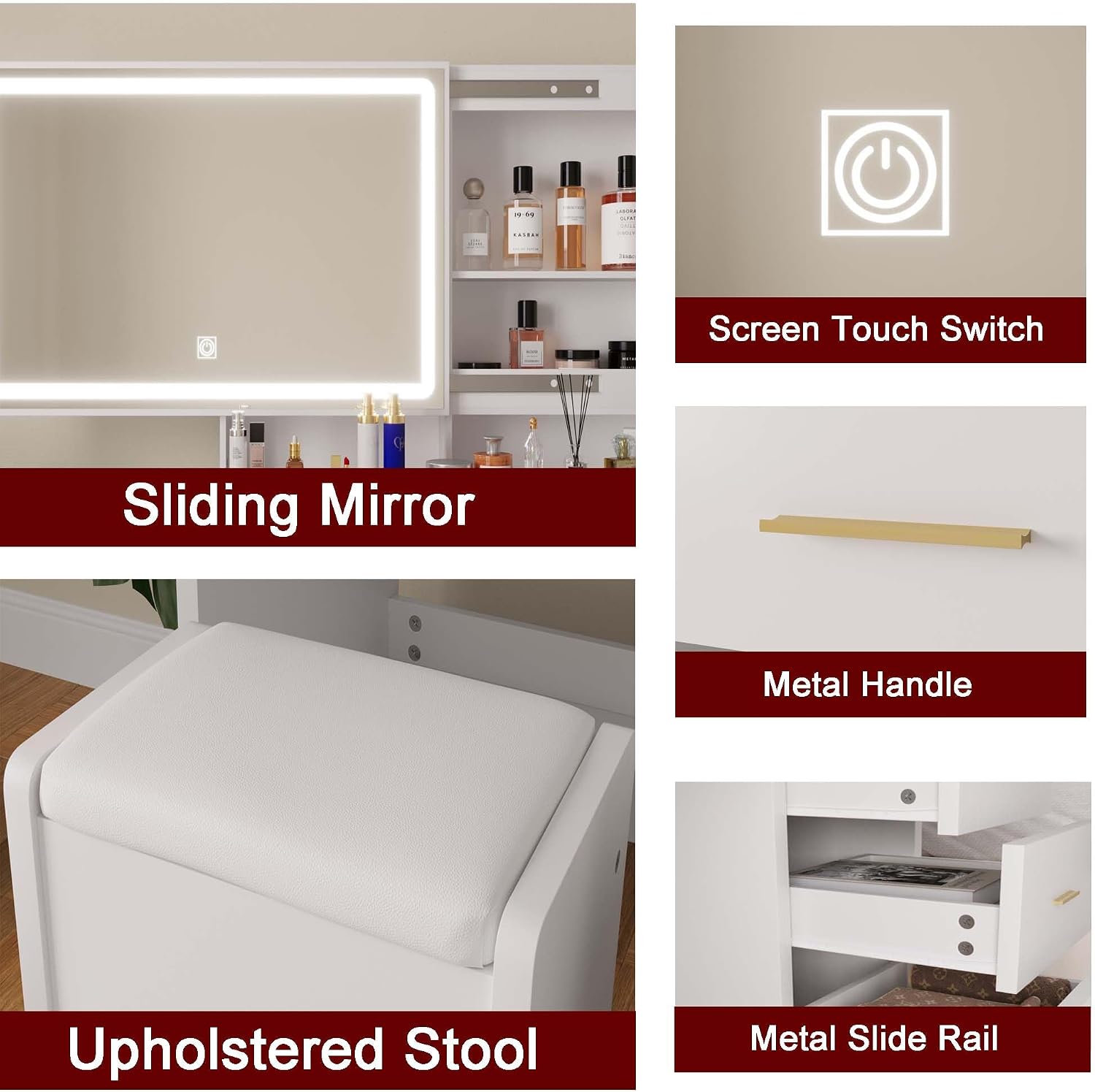 Vanity Desk with Mirror and Lights, 31.5' Makeup Vanity with Sliding Mirror and 3 Light Modes, Modern Vanity Table with 5 Drawers, Hidden and Open Storage Shelves, Makeup Desk for Bedroom, White