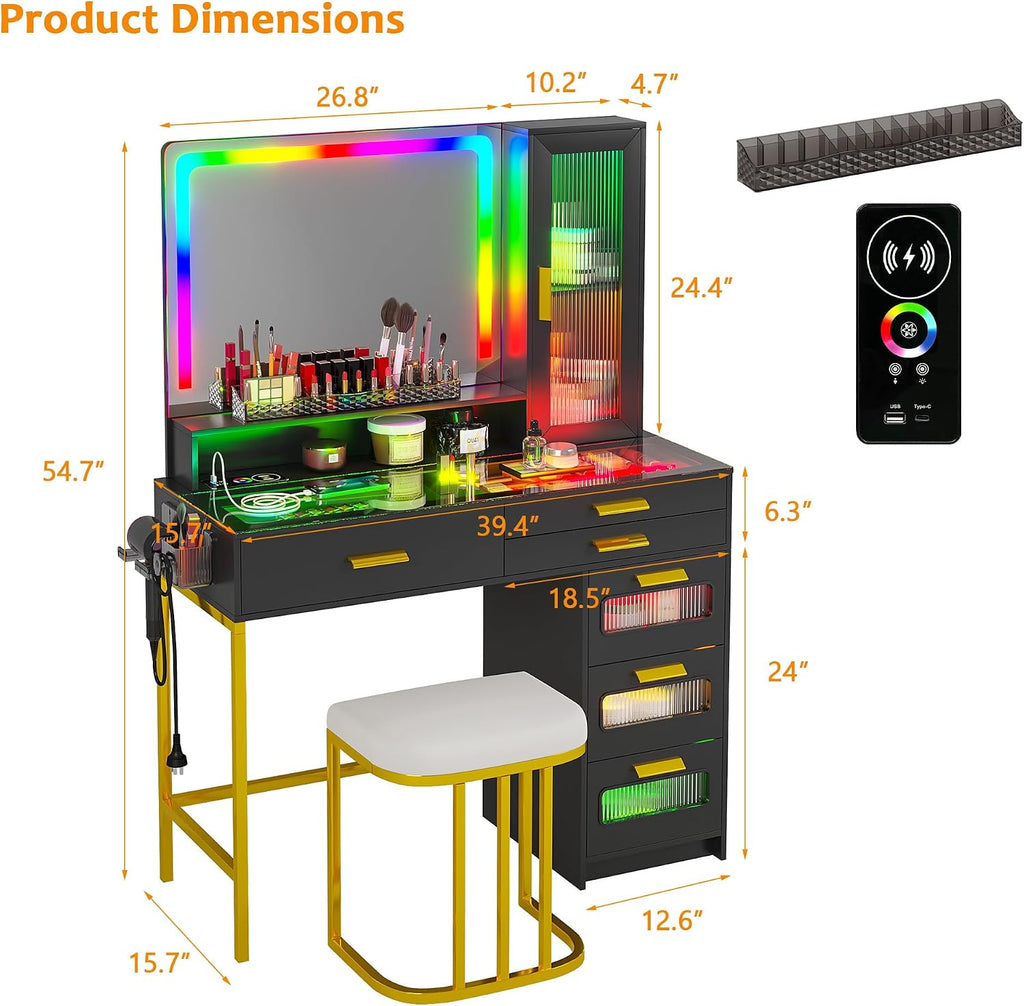 WOOVIVS Vanity with LED Mirror, Makeup Desk with 24 RGB Atuo Lighted Drawers for Bedroom, Glass Top Vanities Table Set with Wireless Charging Station, Chair,Jewelry Organizer for Girls/Women (Black)
