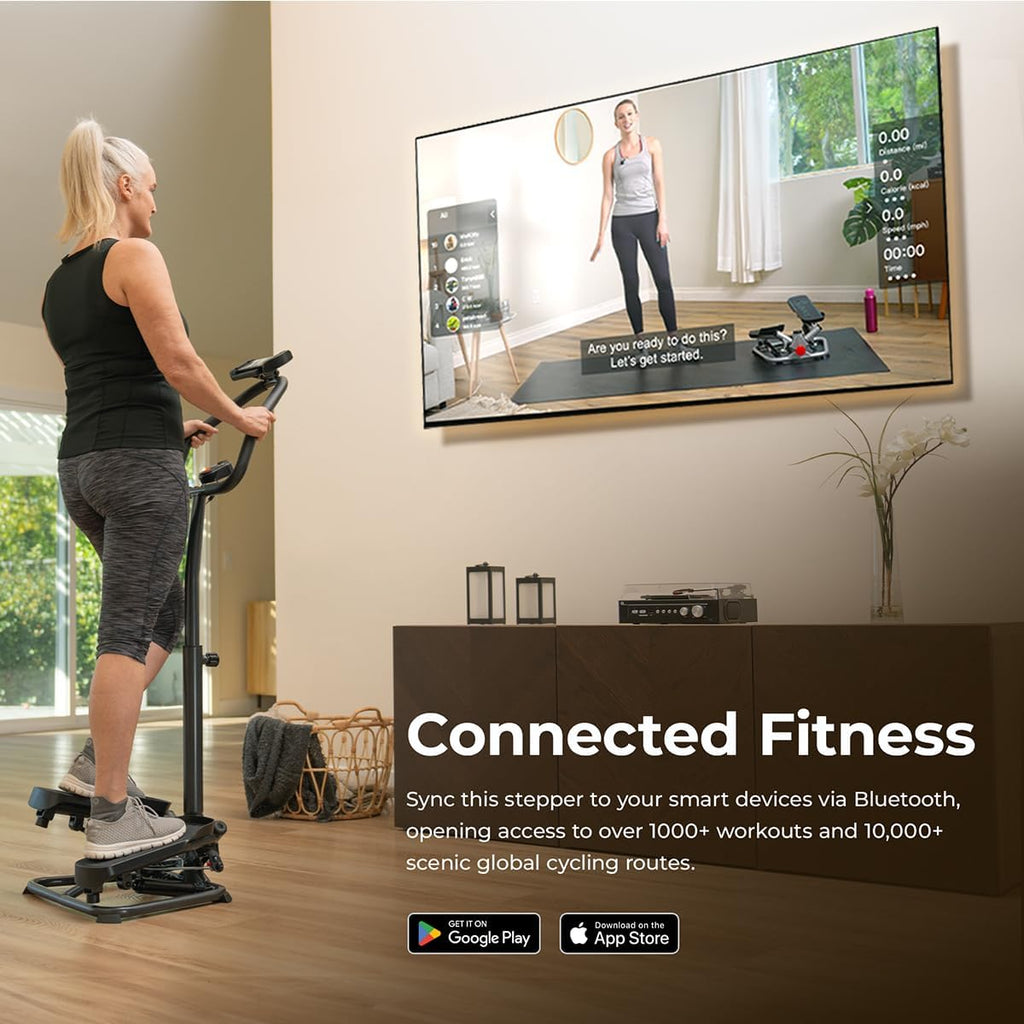 Sunny Health & Fitness Smart Stair Stepper Machine for Home Workouts with Handlebar, Resistance Bands, Bluetooth & SunnyFit App, Space-Saving Low-Impact Cardio Stepper
