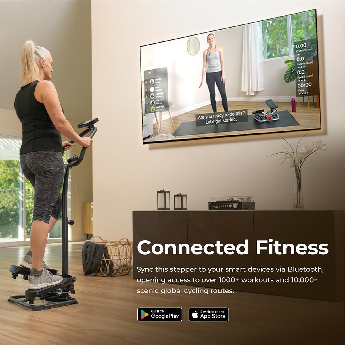 Sunny Health & Fitness Smart Stair Stepper Machine for Home Workouts with Handlebar, Resistance Bands, Bluetooth & SunnyFit App, Space-Saving Low-Impact Cardio Stepper