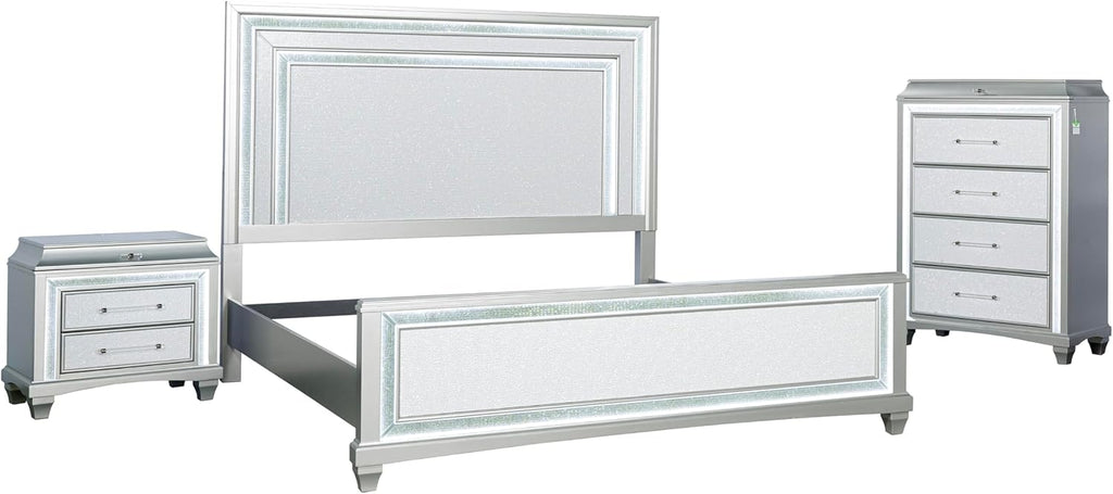 Furniture of America Silvia Glam Solid Wood 3-Piece Bedroom Set with Layered Frame Bed, Faux Crystal Trim LED on Nightstand and Chest, Box Spring Needed for Bedroom, Guest Room, King, Silver
