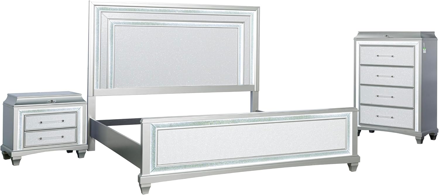 Furniture of America Silvia Glam Solid Wood 3-Piece Bedroom Set with Layered Frame Bed, Faux Crystal Trim LED on Nightstand and Chest, Box Spring Needed for Bedroom, Guest Room, King, Silver