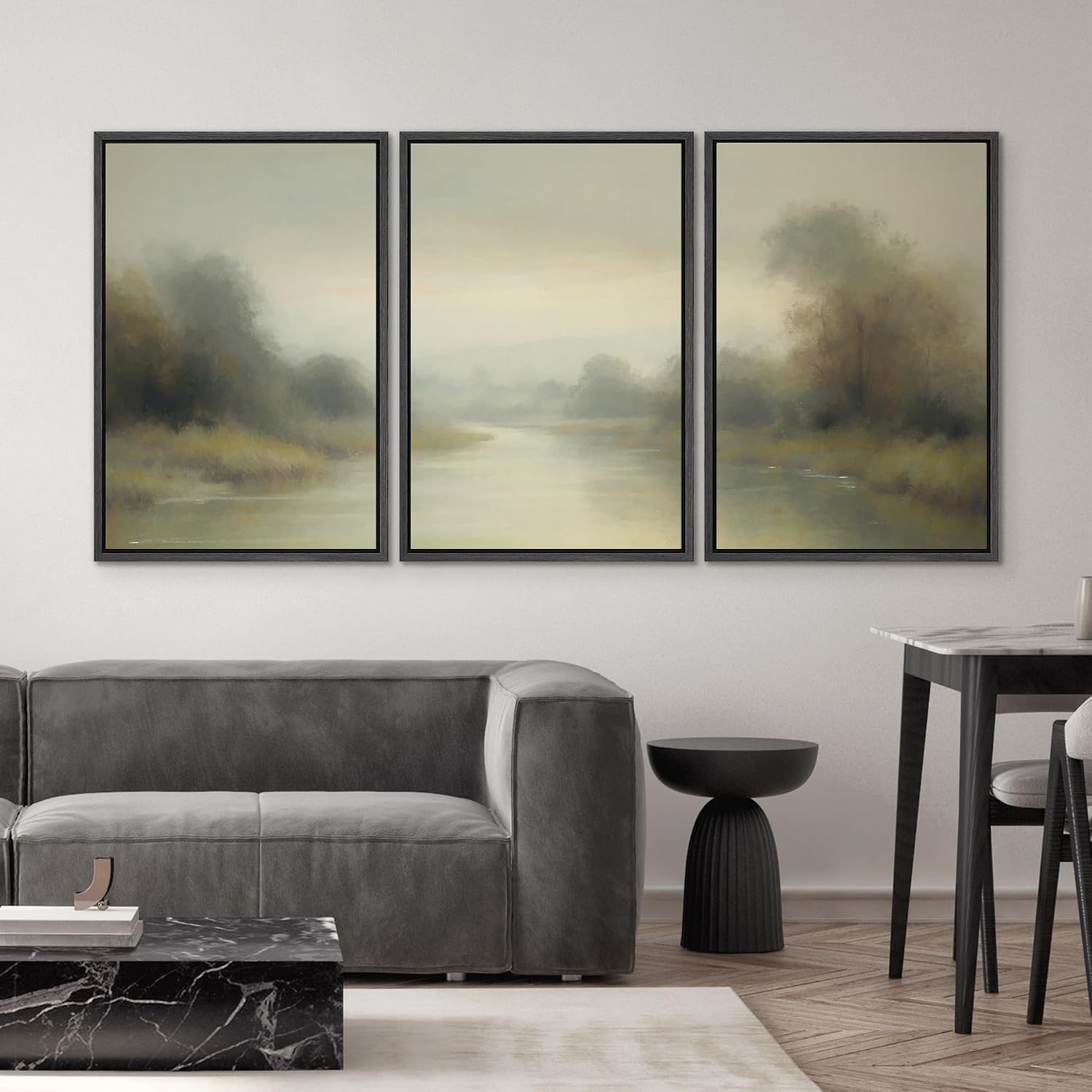 SIGNWIN Framed Wall Art Print Set Misty River Landscape Soft Neutral Nature Scene Photography Modern Art Closeup Relax/Calm Dark for Living Room, Bedroom, Office - 24'x36'x3 Black