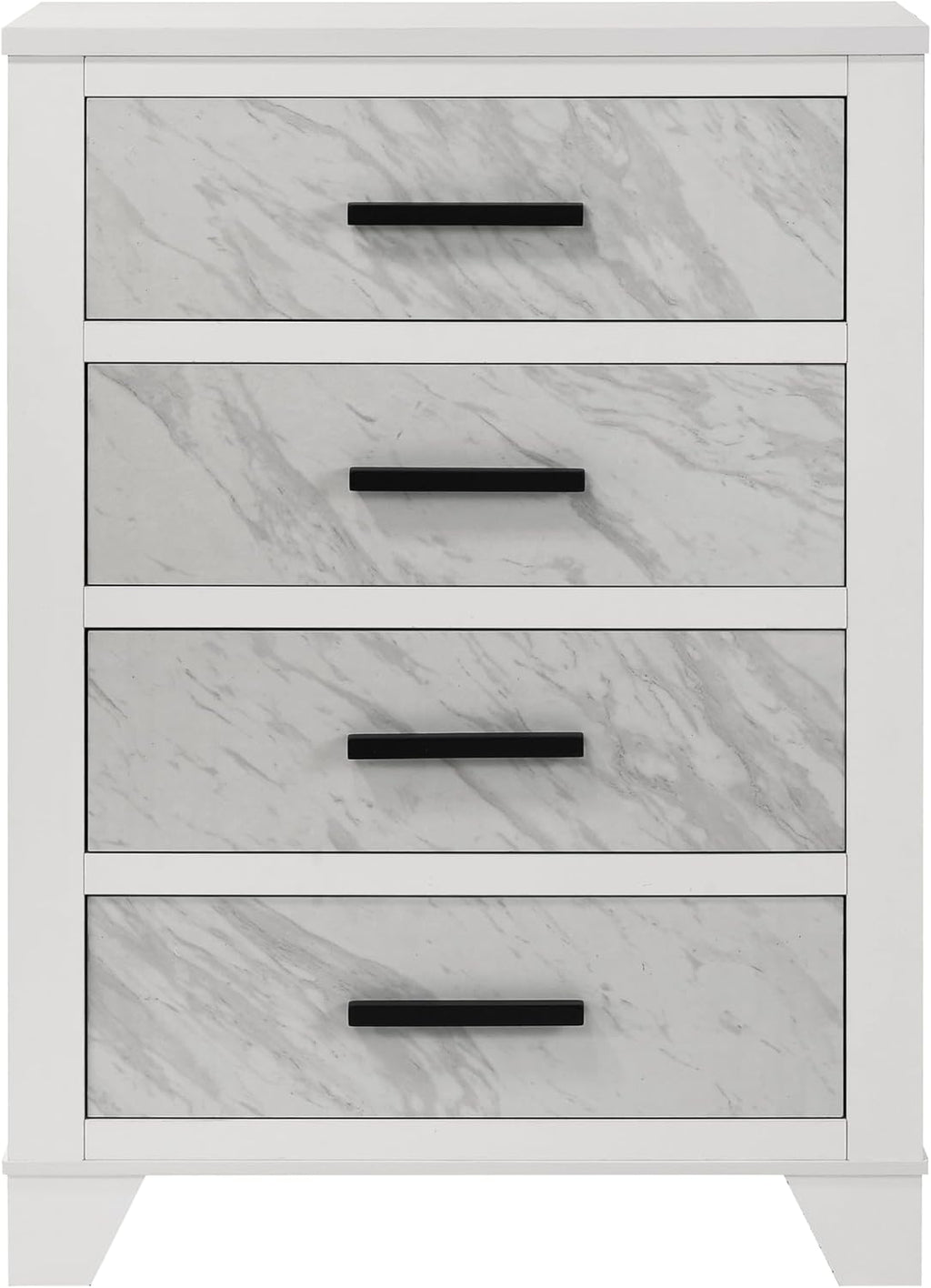 Furniture of America Anton Modern Solid Wood 3-Piece Bedroom Set with Faux Marble Headboard Bed, Metal Center Glide on Nightstand and Chest, Box Spring Needed for Bedroom, Guest Room, King, White