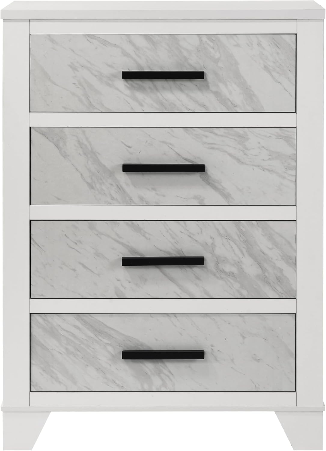Furniture of America Anton Modern Solid Wood 3-Piece Bedroom Set with Faux Marble Headboard Bed, Metal Center Glide on Nightstand and Chest, Box Spring Needed for Bedroom, Guest Room, King, White