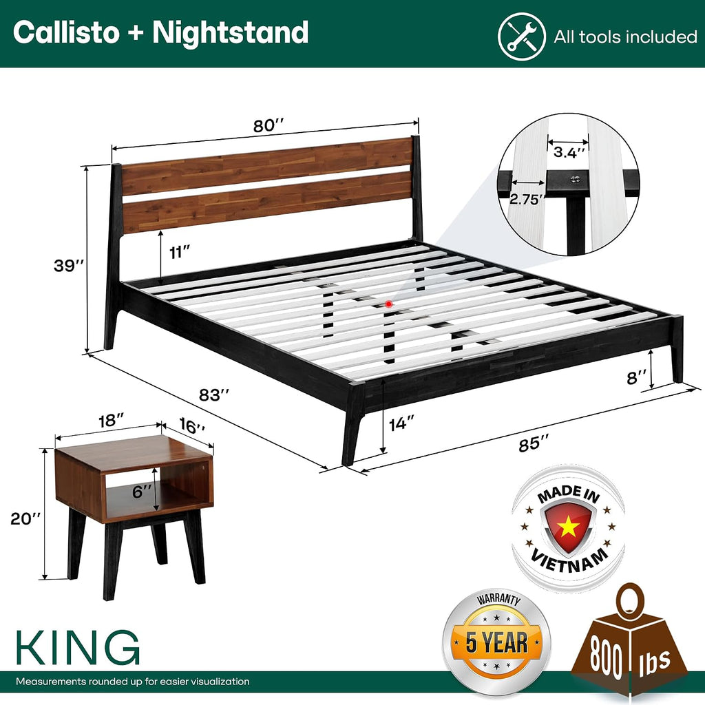 Acacia Callisto Bed Frame with Headboard Solid Wood Platform Bed, 800 lbs Capacity Bed Frame, Contemporary Signature Wood Bed Compatible with All Mattress Types (Black Ristretto + Nighstand, King)