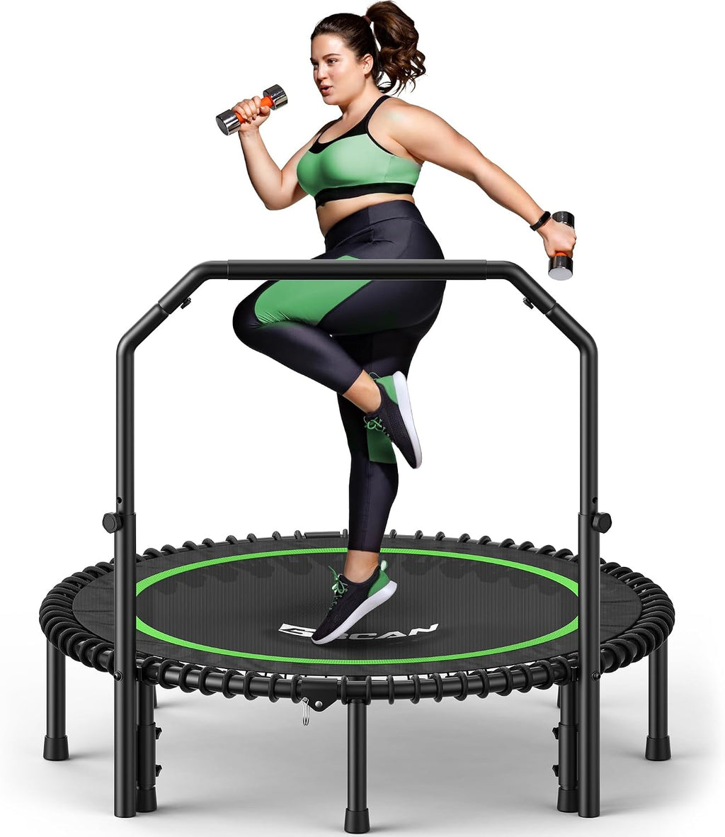 BCAN BT2 450/550LBS Mini Rebounder Trampoline for Adults with Bar, Fitness Trampoline with Bungees, Adjustable Handle, Stable & Quiet, Indoor Outdoor, Whole-Body Workout & Relaxation at Home-40IN/48IN