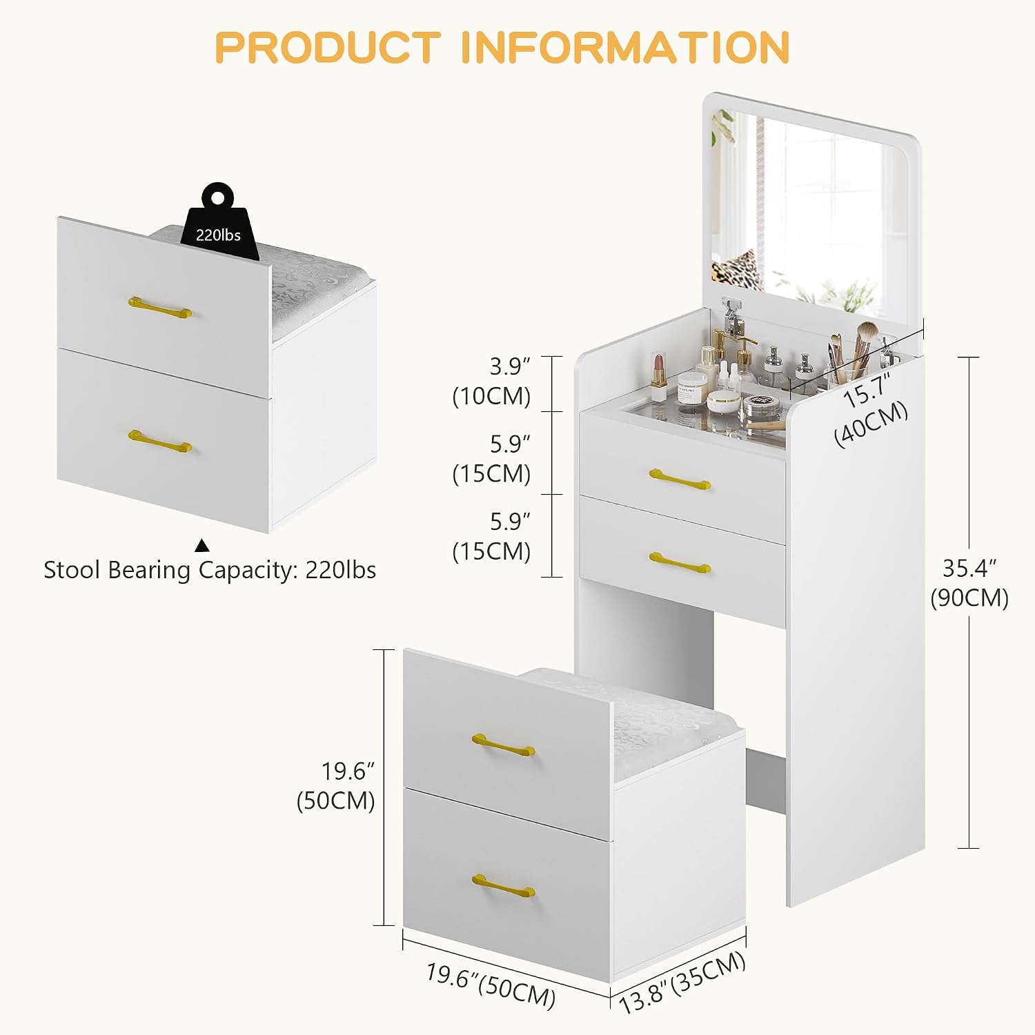 Lvifur 3-in-1 Vanity Desk with Flip Top Mirror, Makeup Vanity Table with Cushioned Stool for Small Space, Compact Dressing Table, Vanity Set for Bedroom