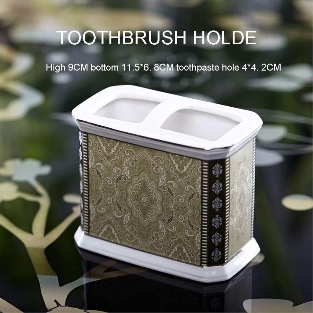 Vanity Bathroom Decor, 5 PCS Bathroom Accessory Set Ceramics Set Plastic Silver Edge Laminated Head with Tooth Brush Holder Housewarming Gift(Green)