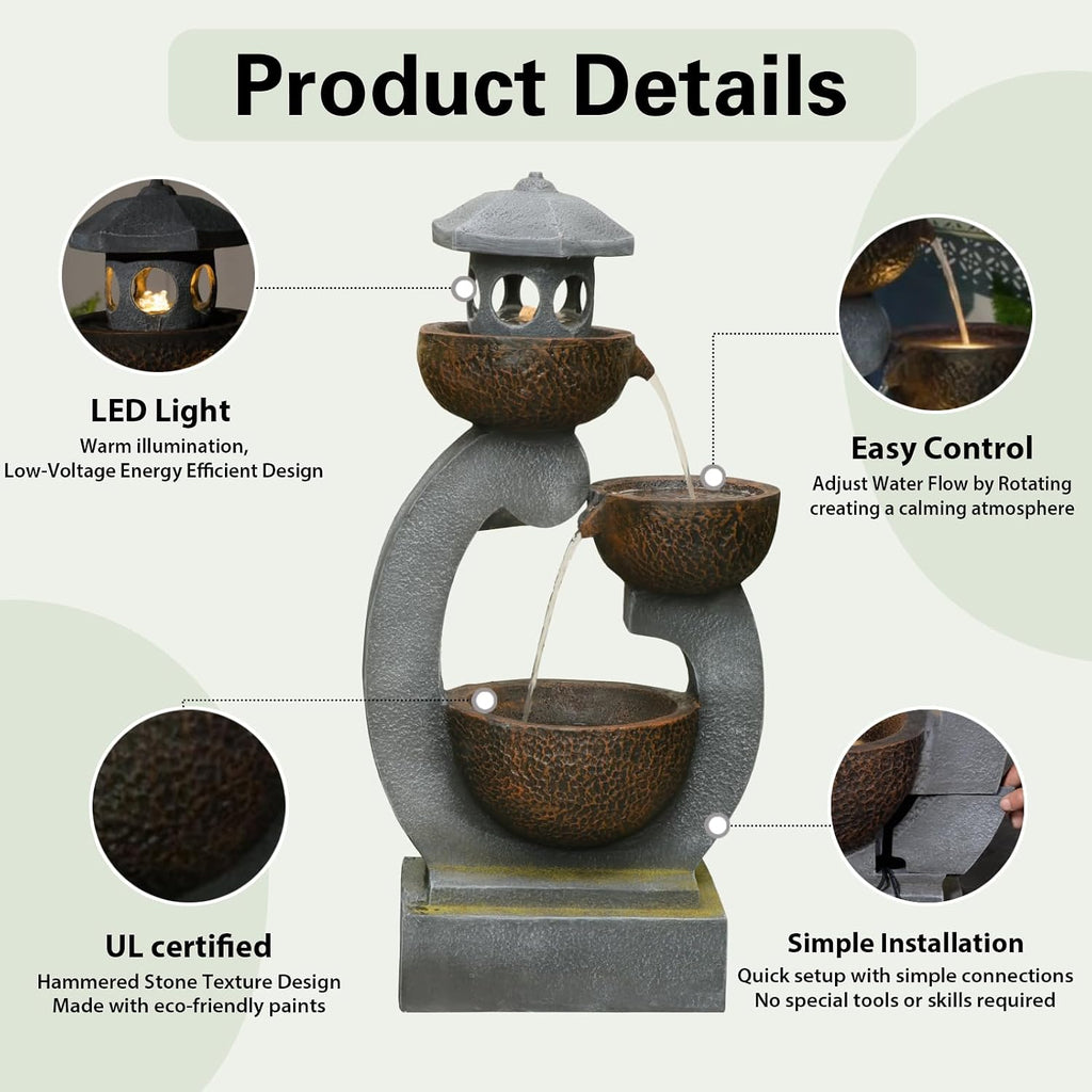 Bumilgar 35.24'H Zen Outdoor Water Fountain Garden, Japanese Lantern Multi-Tier Waterfall Fountain Water Feature with Lights for Patio, Garden & Porch