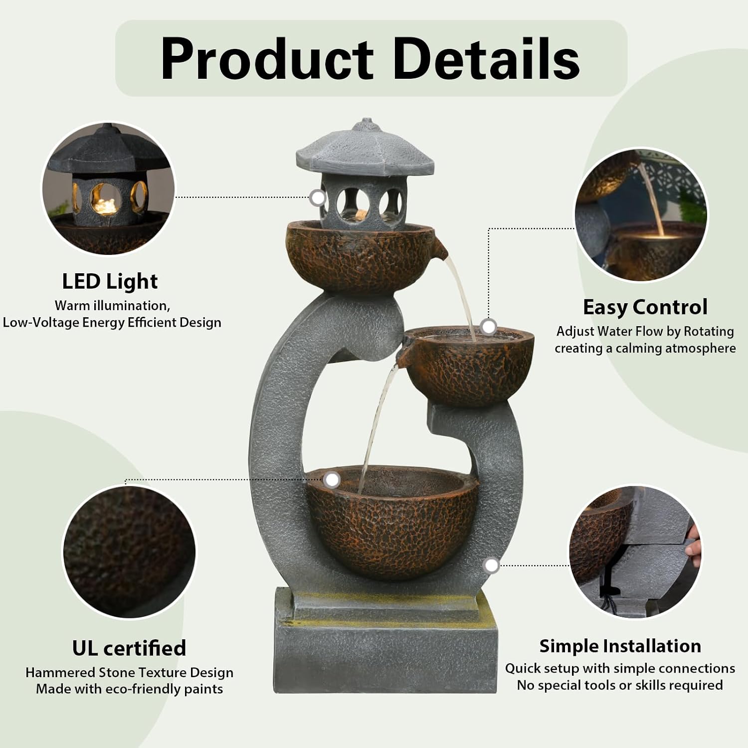 Bumilgar 35.24'H Zen Outdoor Water Fountain Garden, Japanese Lantern Multi-Tier Waterfall Fountain Water Feature with Lights for Patio, Garden & Porch