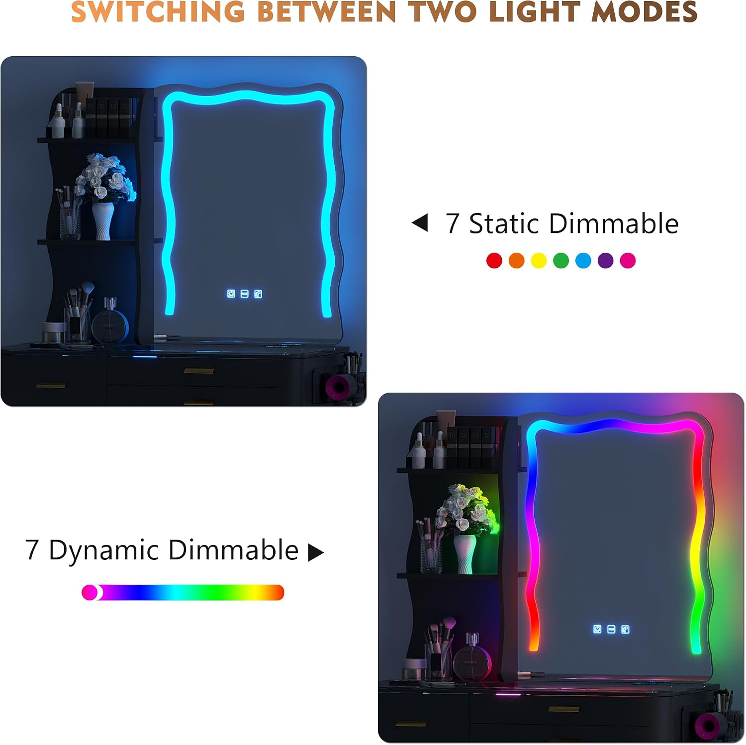 RGB Makeup Vanity Desk with Wireless Charging Station,7 Dynamic and 7 Static Dimmable Vanity Table with Visible Glass Top,Auto Sensor LED Make up Vanity with Mirror and Lights,Stool