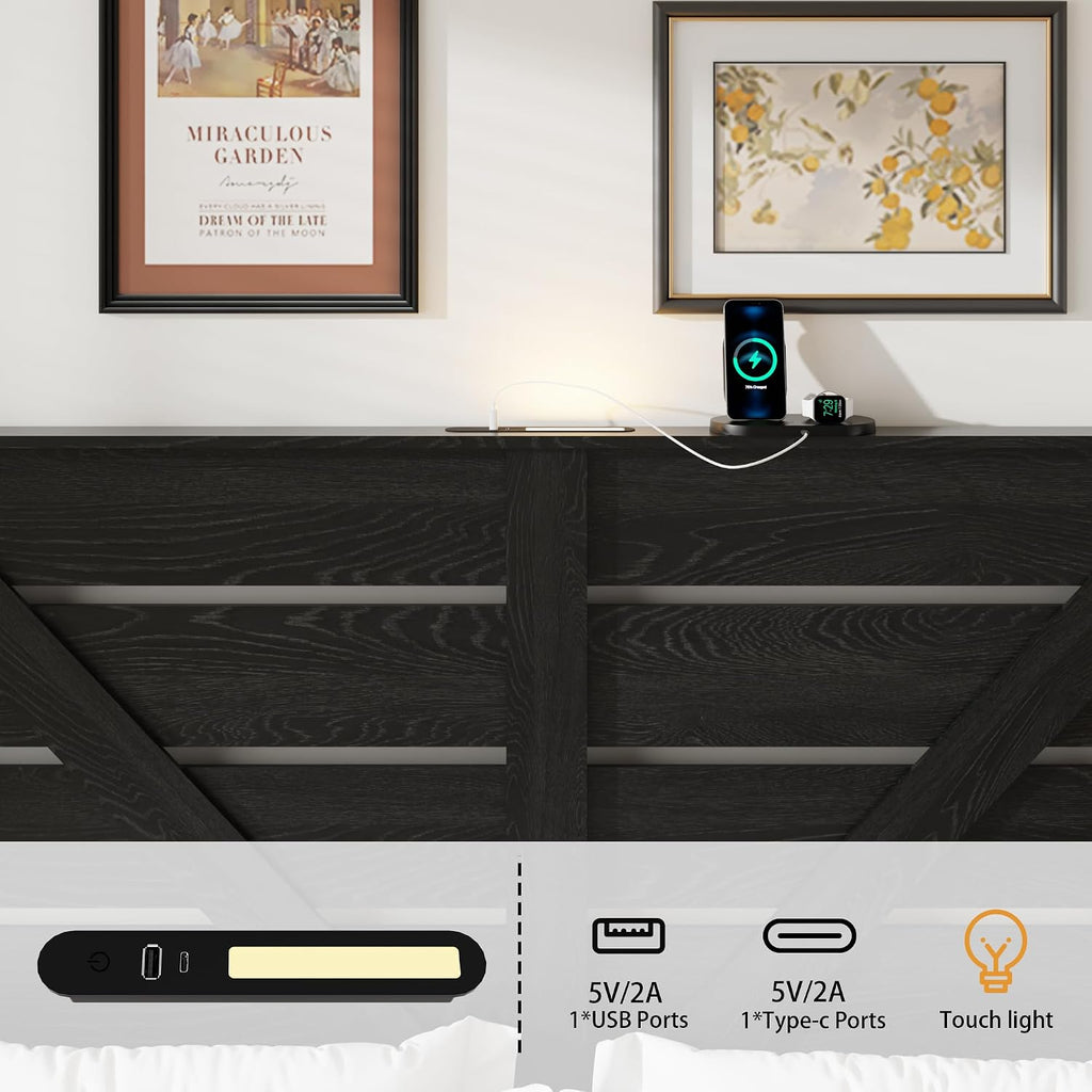 Full Size Wooden Bed Frame with Headboard, Rustic Farmhouse Platform Bedframe with Metal Slat Support, Under Bed Storage Space, Easy Assembly, Noisy Free (Black, Full)