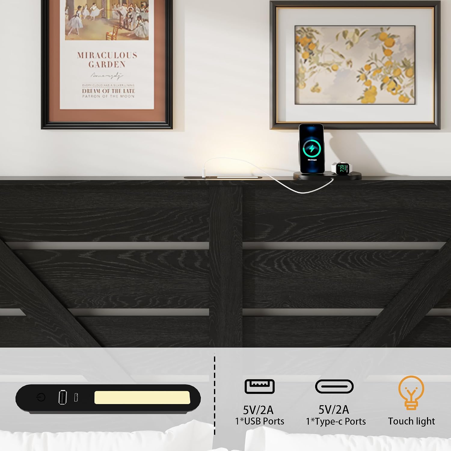 Full Size Wooden Bed Frame with Headboard, Rustic Farmhouse Platform Bedframe with Metal Slat Support, Under Bed Storage Space, Easy Assembly, Noisy Free (Black, Full)