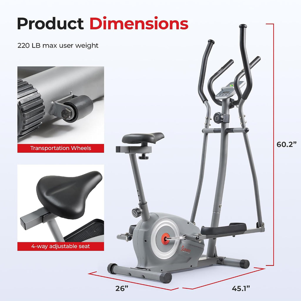 Sunny Health & Fitness Elliptical and Bike Exercise Machine, Ultra Silent Adjustable Resistance Levels Cross Trainer for Home Gym with Pulse Rate Grips, LCD Monitor via Bluetooth SunnyFit App Access
