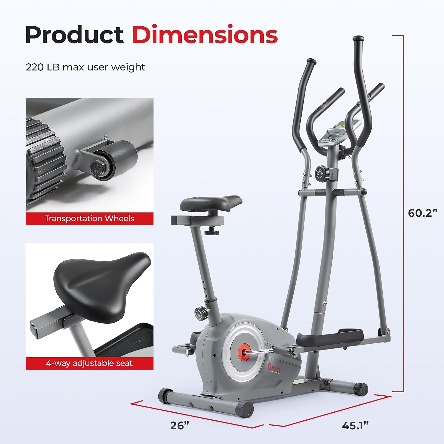 Sunny Health & Fitness Elliptical and Bike Exercise Machine, Ultra Silent Adjustable Resistance Levels Cross Trainer for Home Gym with Pulse Rate Grips, LCD Monitor via Bluetooth SunnyFit App Access