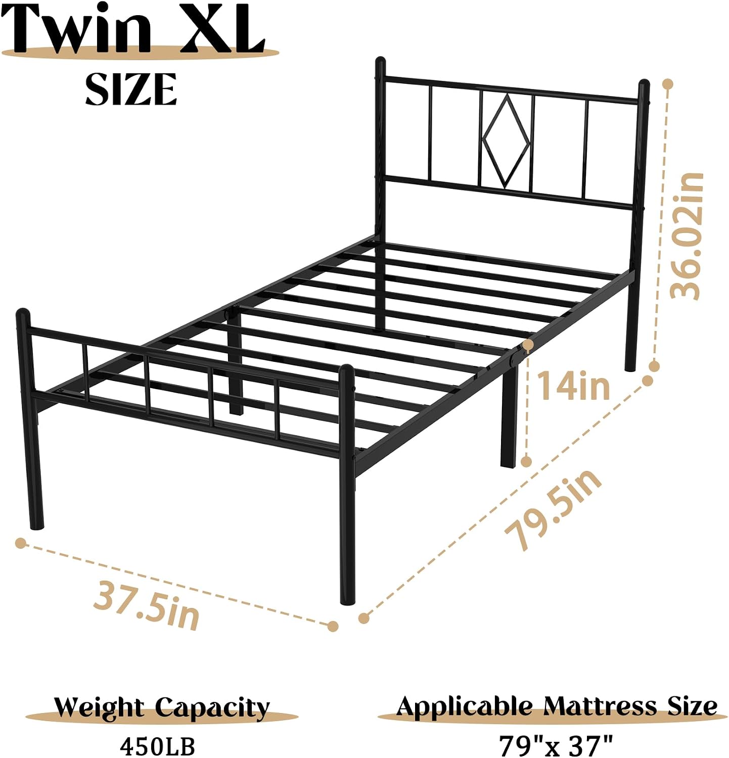 Twin XL Bed Frames 14 inch Metal Platform Mattress Foundation with Headboard Footboard, Heavy Duty Twin XL Bed Frame, No Box Spring Needed, Under Bed Storage, Easy Assembly