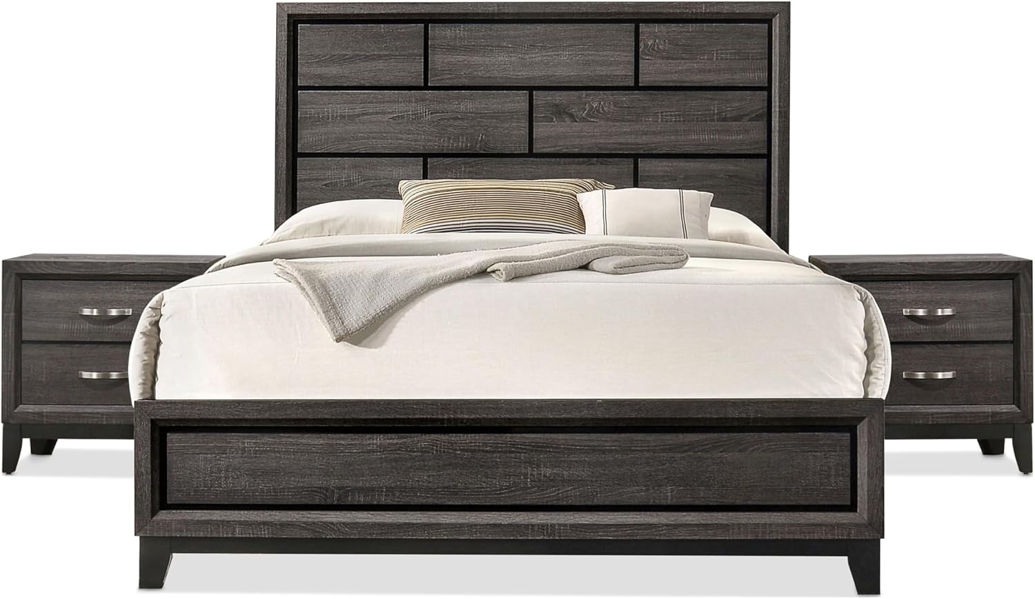 Furniture of America Lucien Modern Wood 3-Piece Queen Bedroom Set with Panel Style Headboard, Two-Tone Design and Wooden Legs, Box Spring Needed, Gray