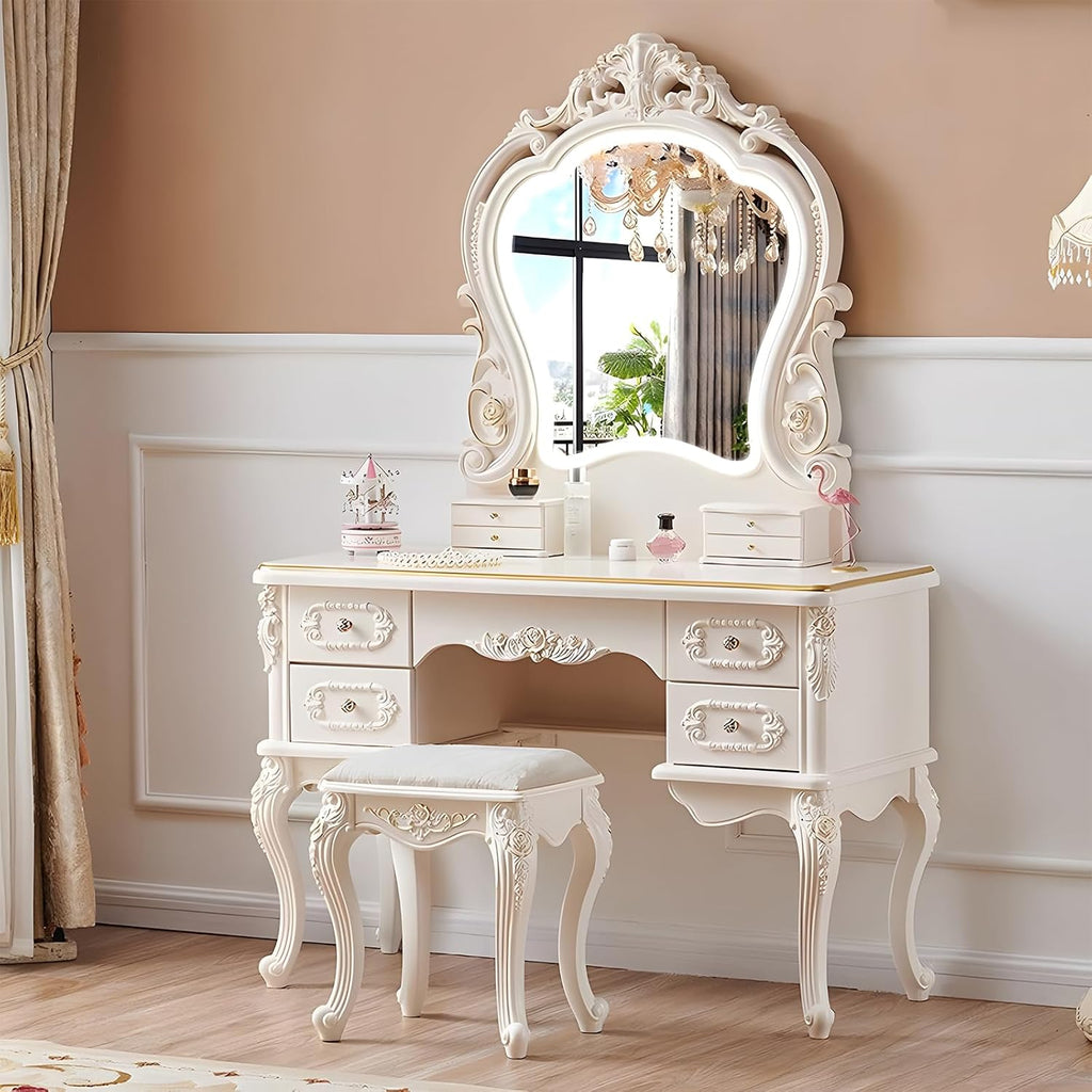 Mid Century Vanity Table with Mirror and Stool, Makeup Vanity Desk with Lights and Drawers for Jewelry & Cosmetics, Vintage European Vanities & Vanity Benches for Bedroom,Widths: 43.3'