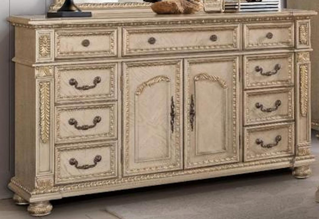 First of a Kind Carolina Gold Finish Traditional 4 Piece King Bedroom Set with Upholstered Tufted Headboard Ornate European Inspired Design Coordinated Furniture Collection