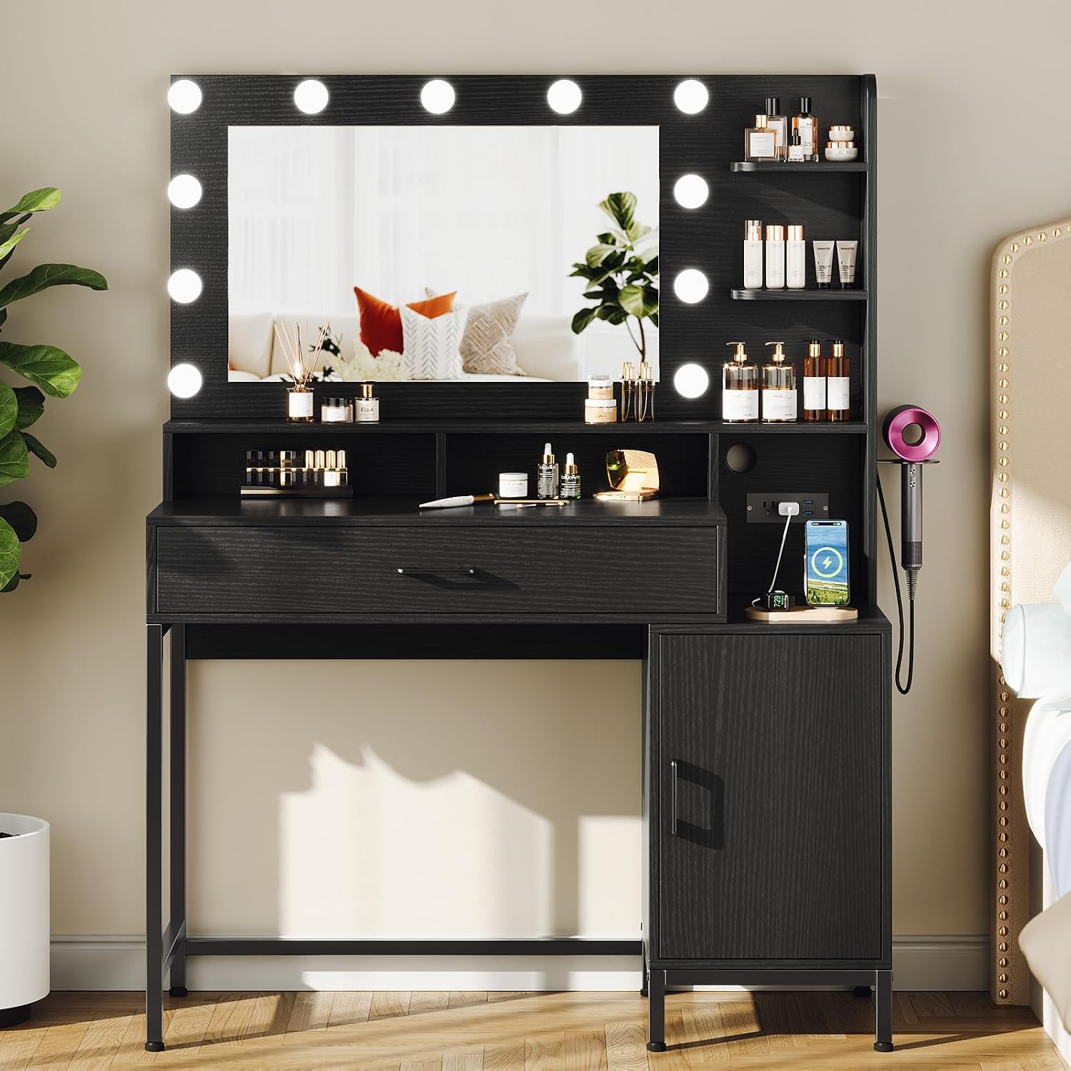 Driftalia Vanity Desk with Mirror and Lights, Makeup Vanity with Storage Drawer, Power Outlet and Large Cabinet for Bedroom - Black