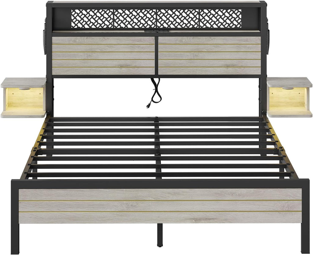 Bestier Queen Bed Frame with Horizontal Golden Stripe Storage Headboard&LED Nightstands, Metal Platform Bed with Charging Station, Heavy Duty Metal Slats, No Box Spring Needed, Noise Free(Grey Oak)
