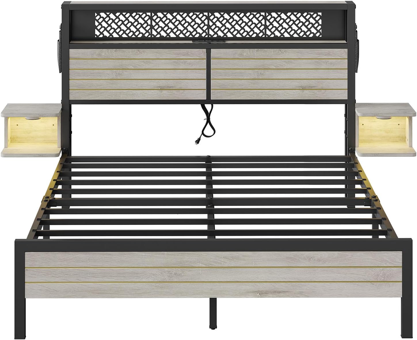 Bestier Queen Bed Frame with Horizontal Golden Stripe Storage Headboard&LED Nightstands, Metal Platform Bed with Charging Station, Heavy Duty Metal Slats, No Box Spring Needed, Noise Free(Grey Oak)