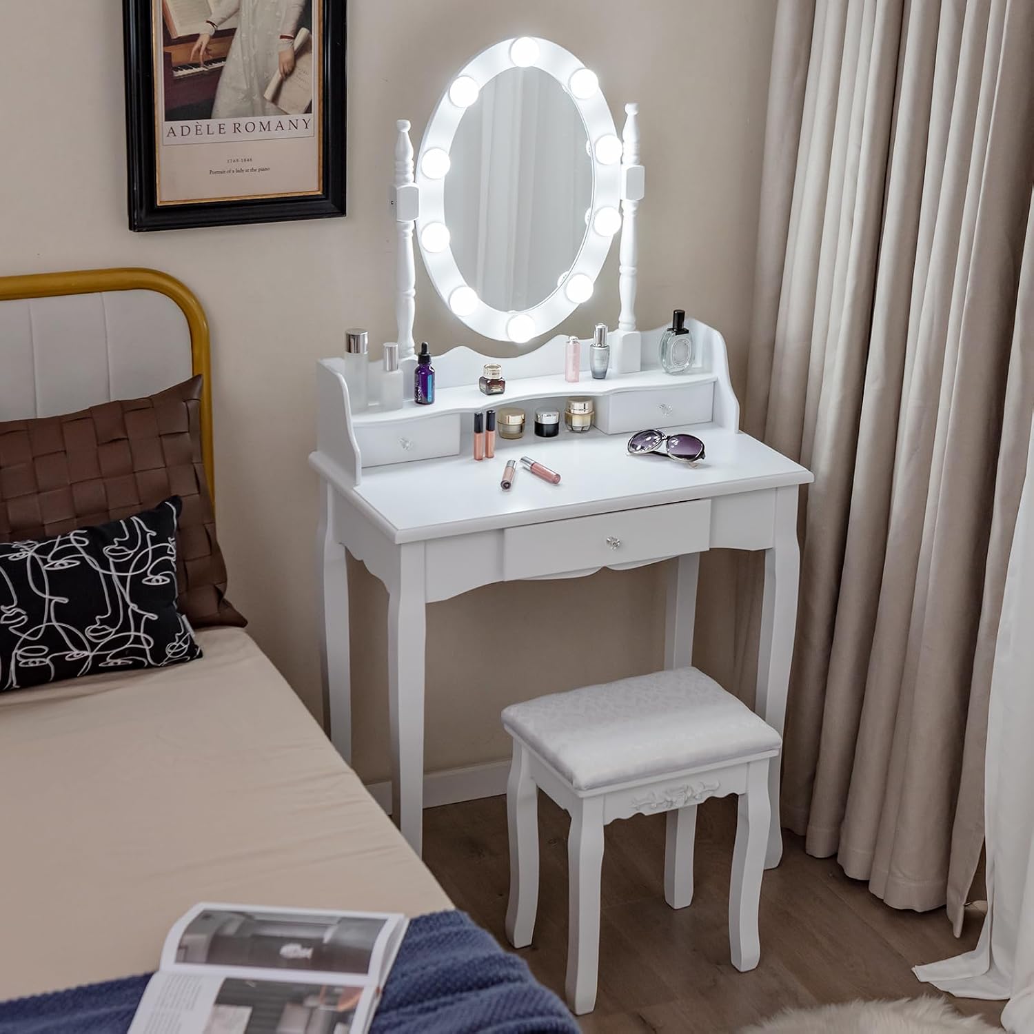 GOFLAME Vanity Table Set with Rotatable Mirror, Makeup Vanity Desk with 3-Color Dimmable LED Lights, 3 Drawers and Cushioned Stool, Dressing Table Set for Bedroom Studio (White)