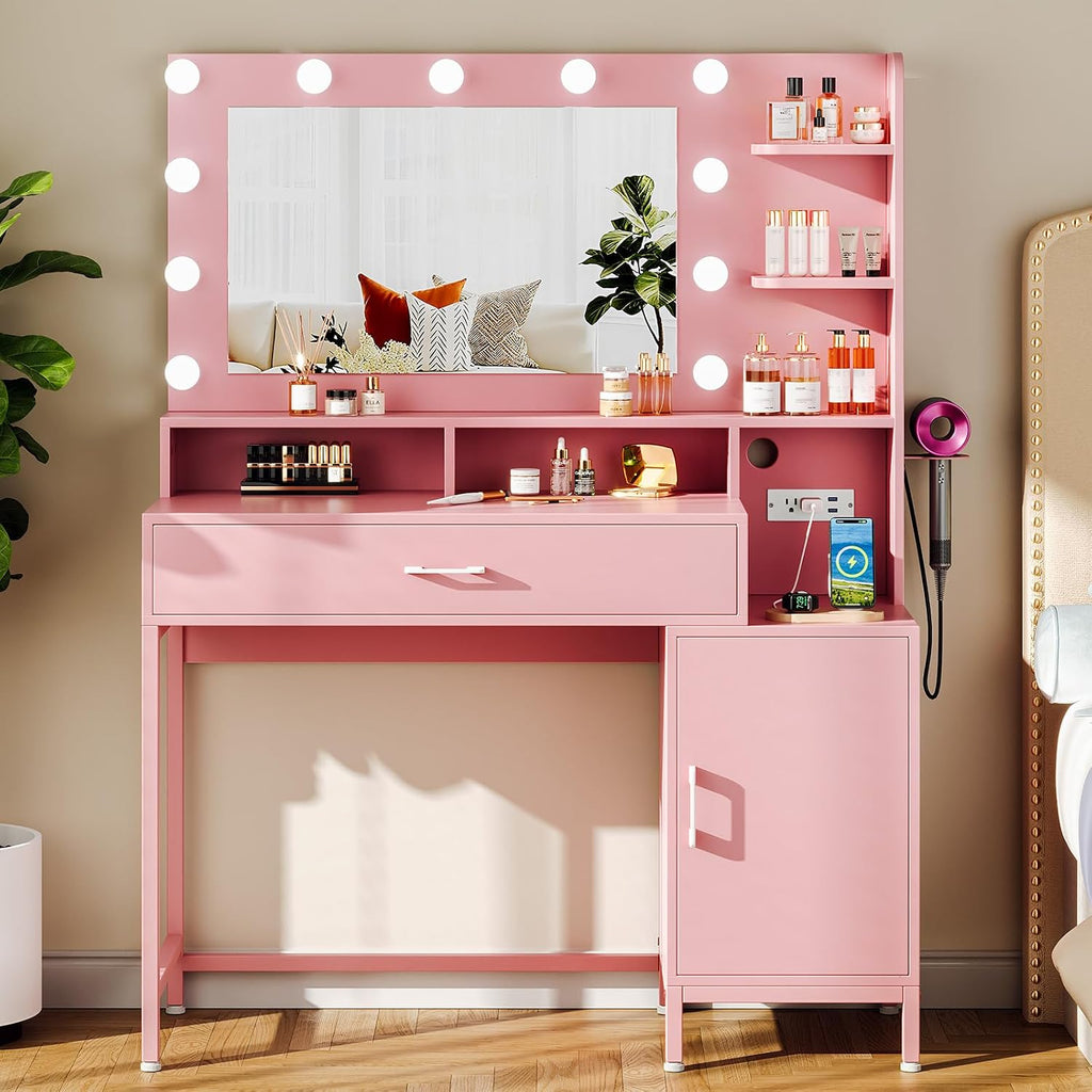 Driftalia Vanity Desk with Mirror and Lights, Makeup Vanity with Storage Drawer, Power Outlet and Large Cabinet for Bedroom - Pink