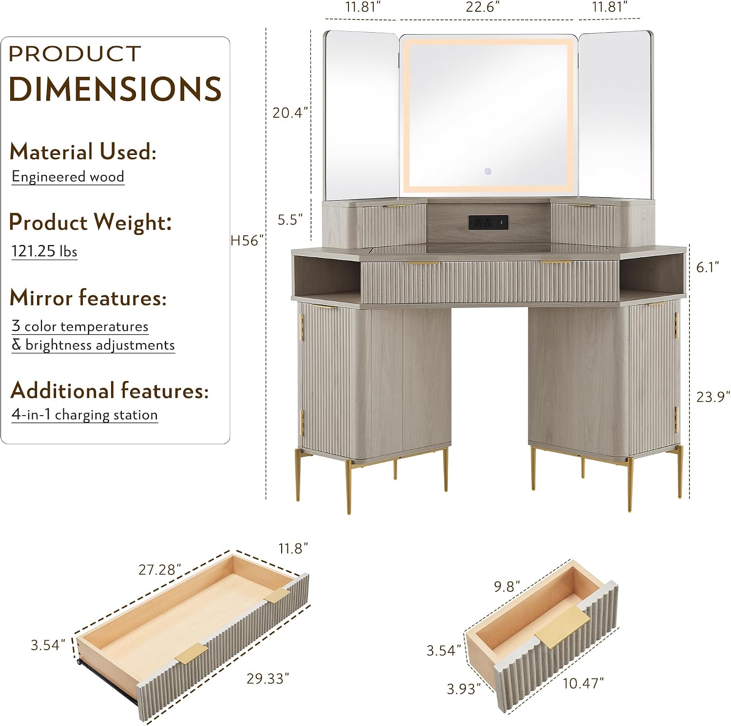 T4TREAM 48' Fluted Makeup Vanity Desk with HD Triple Mirror and Lights, Large Lighted Corner Vanity with Glass Top, Modern Dressing Table with 3 Drawers & 2 Cabinets for Bedroom, White Alder