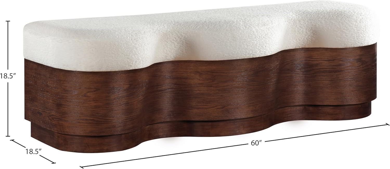Meridian Furniture 22082Cream Savoy Collection Art Deco Bench with Soft Cream Velour Fur Fabric, Rich Brown Walnut Finish, Mix of Solid Wood & MDF, 60' W x 18.5' D x 18.5' H, Cream