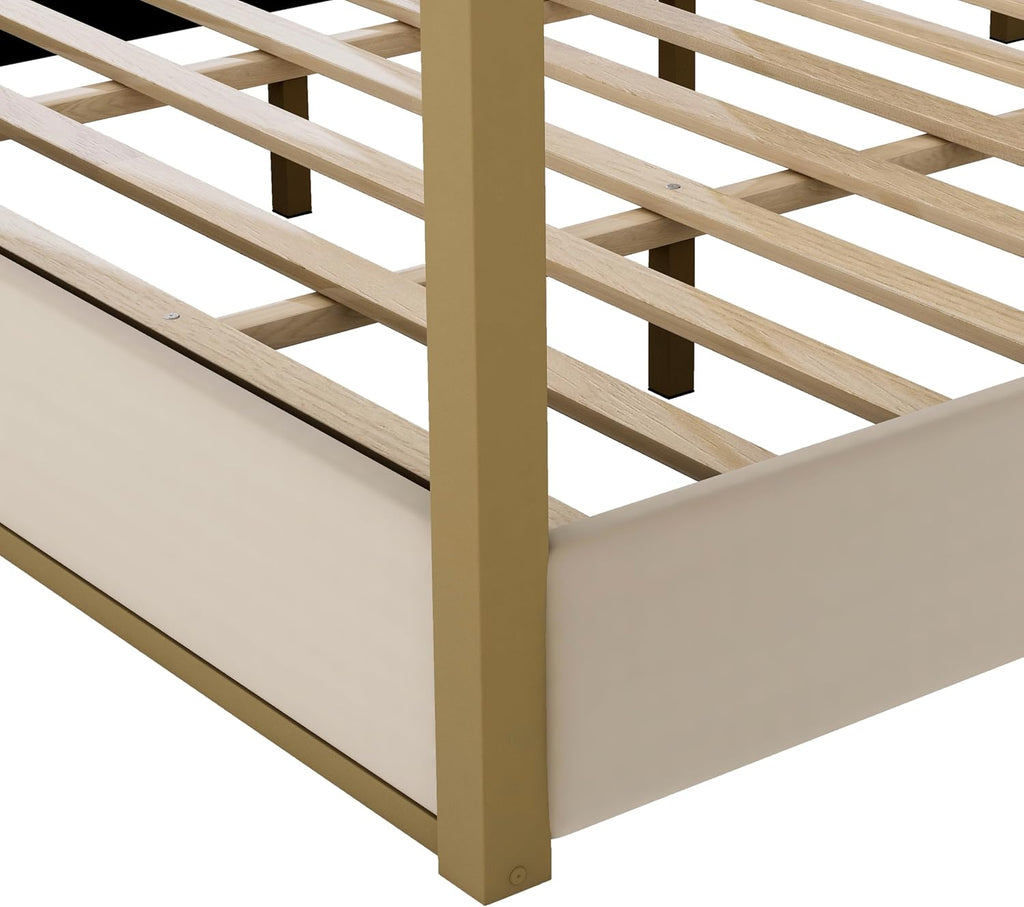 Modern 4-Poster Canopy Platform Bed King Size with Channel Upholstery Tufted Headboard, Gold Metal Canopied Design Platform Bed Frame with Strong Slats Support (Beige-1.20)
