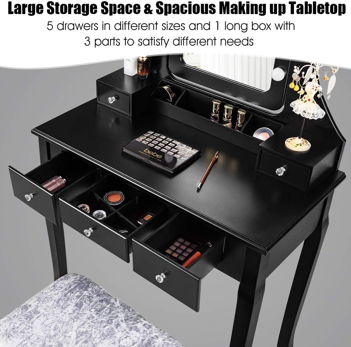 DORTALA Vanity Table Set w/ 360-Degree Rectangular Mirror & Cushioned Stool, Makeup Table w/ 10 LED Dimmable Bulbs, Bedroom Wood Dressing Table w/ 5 Drawers & Removable Box Organizer, Black