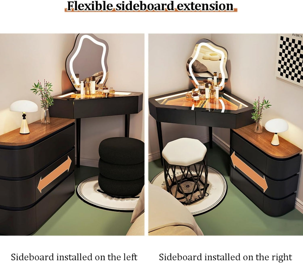 Modern L-Shaped Vanity Table, Makeup Vanity with Drawers & Side Cabinet, Corner Vanities Desk, Dressing Table Set, Jewelry Organizers, Solid Wood Storage Shelves for Bedroom(Black,60cm)