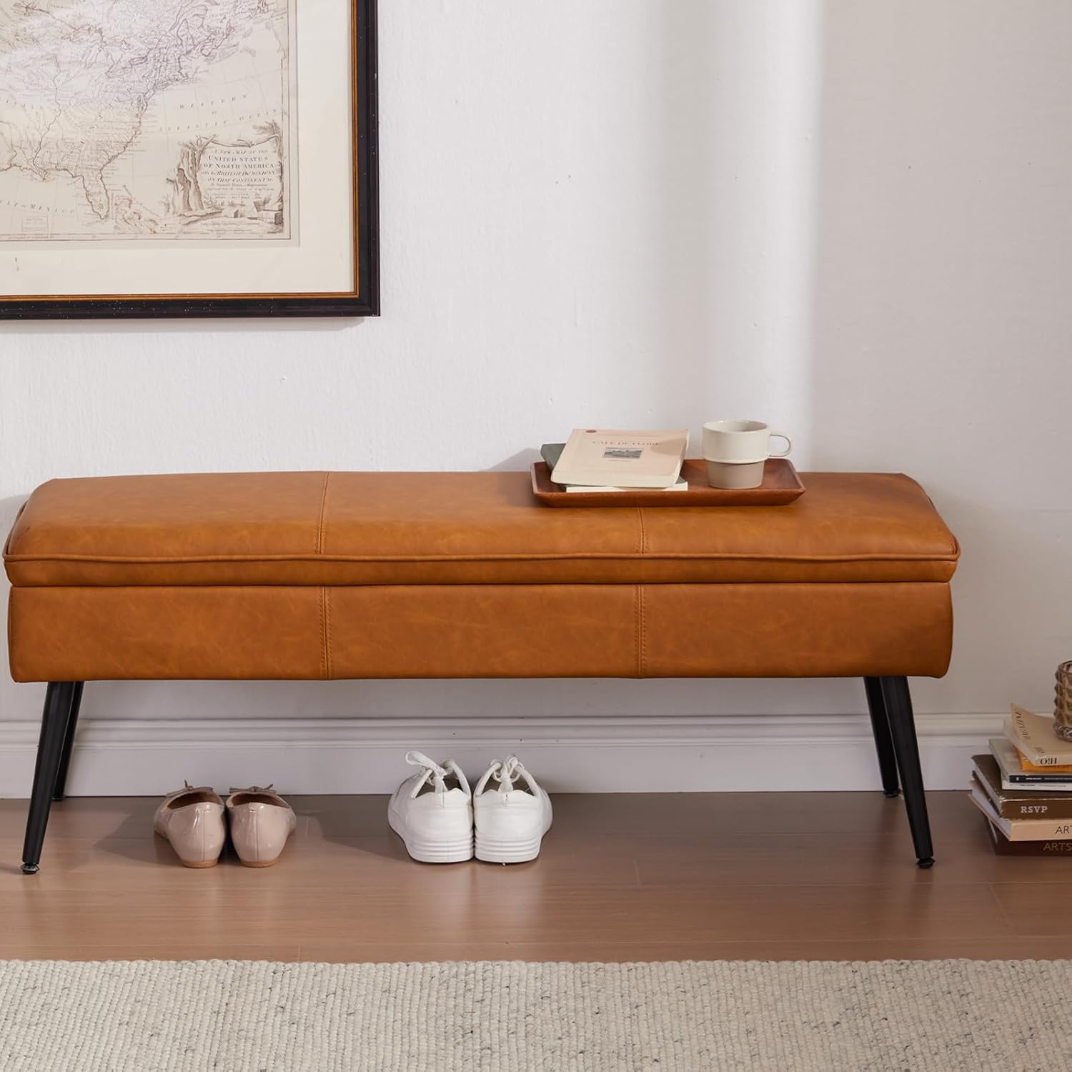 Ottoman with Storage Bench, End of Bed Bench with Flipping Lid, Mid-Century Modern & Faux Leather with Stitching, Loads 660 lb, for Living Room, Bedroom, Entryway, Cognac Brown
